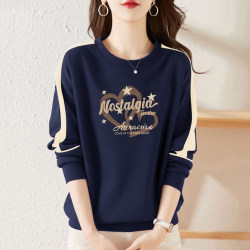 Brand Discount 100% Pure Cotton Long-Sleeve T-Shirt for Women 2025 Autumn and Winter Loose Color-Blocking Versatile Slimming Stylish Sweatshirt Trendy