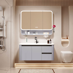 Cream-Colored Honeycomb Aluminum Bathroom Cabinet Set with Integrated Ceramic Washbasin, Vanity, Sink, and Smart Mirror