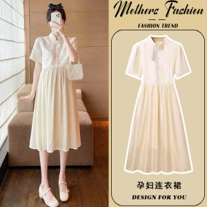 
Maternity dress 2026 new summer apricot short-sleeved thin fashion loose new Chinese style national style mid-length for women