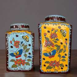 Creative vase ornaments Retro living room Chinese flower arrangement utensils Ceramic dining table European style entrance four-sided tank storage tank