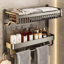 Jomoo Towel Rack Bathroom Storage Rack No-Drill Bathroom Organizer with Rod Wall-Mounted Towel Rack