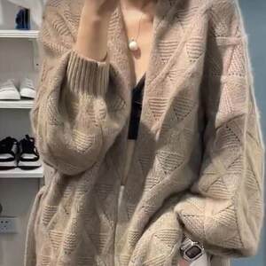
Cardigan Sweater Women's Mid-Length 23 Autumn and Winter New Loose Slim Diamond Design Thickened Knitted Cardigan