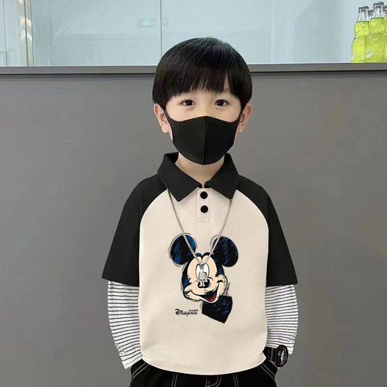 
Pure cotton lapel spliced ​​striped long-sleeved T-shirt for boys polo shirt for spring and autumn children's cartoon handsome base top