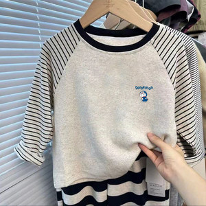 
100% cotton boys striped long-sleeved T-shirt spring and autumn new medium and large children baby cartoon animation bottoming top
