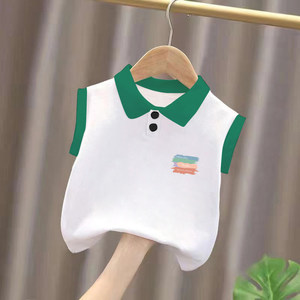 
100% cotton boys' polo shirt, color-blocked sleeveless vest, summer style, simple and fashionable top for small and medium-sized children and babies