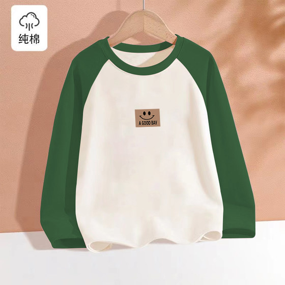 
100% pure cotton boy color-blocking round neck long-sleeved T-shirt Spring and Autumn New Children's Baby Cartoon and Fashion Base Top
