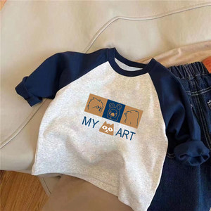 
100% pure cotton boy rag-shoulder color block long-sleeved T-shirt Spring and Autumn New Children's Baby Cartoon versatile casual top