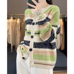 
New autumn and winter knitted cardigan women's round neck dropped shoulder sleeves color block coat sweater knitted top cardigan