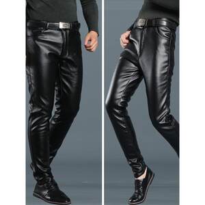 
Sheepskin autumn and winter velvet thickened leather trousers for men men's slim motorcycle warm foot pants men's windproof casual trousers