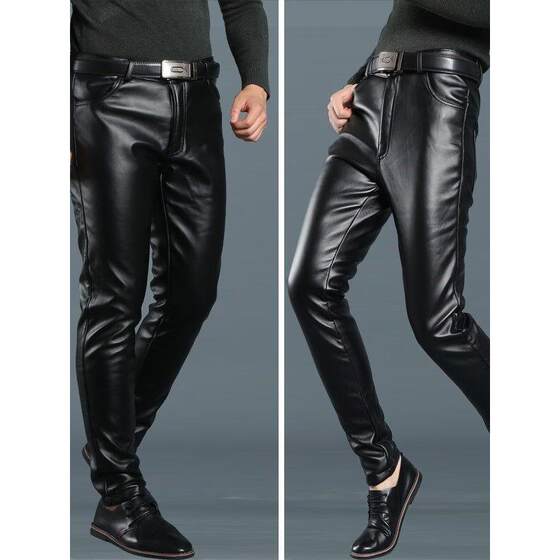 
Sheepskin autumn and winter velvet thickened leather trousers for men men's slim motorcycle warm foot pants men's windproof casual trousers