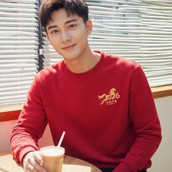 Red Sweatshirt for Men, Year of the Horse, Autumn and Winter 2026 New Style, Fleece-Lined, Spring and Autumn Jacket