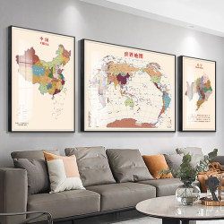 World China Map Wall Chart Office Living Room Sofa Background Wall Decoration Painting Modern Light Luxury Triptych Wall Art