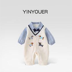 100-Day-Old Baby Clothes, Autumn and Winter, Baby Boy's Fleece-Lined Jumpsuit, Little Gentleman Infant Outing One-Year-Old Formal Wear, Winter
