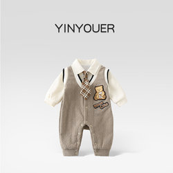 Spring Baby Clothes, Spring Outfit for Baby Boys, One-Piece Suit for Full Month or 100 Days Celebration, Gentleman-Style Romper for Going Out, Autumn and Winter One-Year-Old Formal Wear