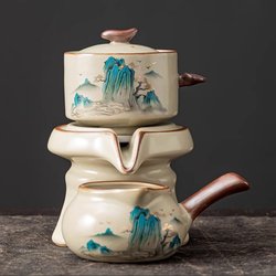 Ru Kiln Lazy Tea Set for Home Use, Anti-Scalding Tea Brewing Pot, Ceramic Kung Fu Tea Cup, Semi-Automatic Tea Brewing Device