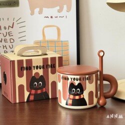 Japanese Retro Cat Mug with Lid, Ceramic Cup with Stirring Stick, High Aesthetic Office Drinking Cup, Home Use