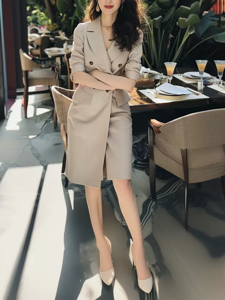 卡其色西装连衣裙2024新款高级感正式场合气质法式厅里厅气裙子女