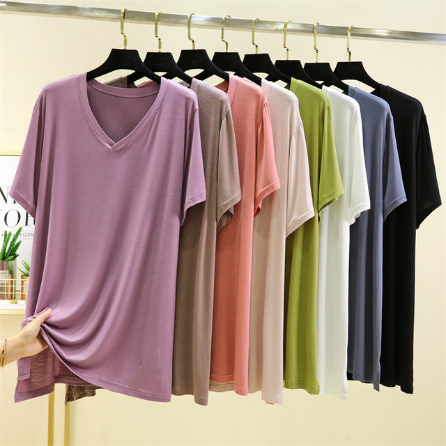 modal-v-neck-mid-length-short-sleeved-t-shirt-for-women-summer-thin
