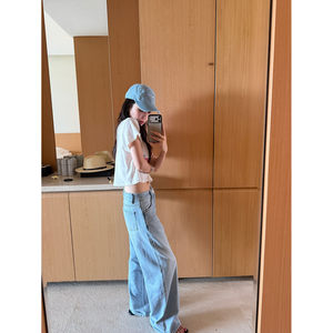 
isaro uu custom dyed light blue jeans~chao beautiful washed blue lazy comfortable loose straight denim trousers