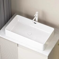 Weinida Countertop Basin with Overflow, Ceramic Trendy Washbasin for Home Bathroom Balcony, Square Face Washing Basin