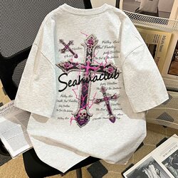 100% Pure Cotton American High Street Style Cross Print Short-Sleeve T-Shirt Unisex New Trendy Brand Loose Top Ins