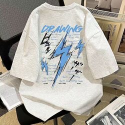 100% Pure Cotton American Retro Lightning Letter Print Short-Sleeved T-Shirt Round Neck Summer Loose and Versatile Student Top
