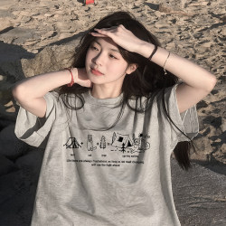 Gray Cotton Short-Sleeve T-Shirt for Women, Summer 2026 New Popular Style, Loose Oversize American-Style Half-Sleeve Top