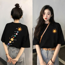Pure Cotton Black Short-Sleeved T-Shirt for Women 2025 New Popular Summer Design Niche Top Loose Large Size T-Shirt