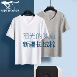 Septwolves Pure Cotton Short-Sleeve Men's All-Cotton T-Shirt V-Neck Undershirt Loose Fit Old Man's Shirt White t Breathable Sweatshirt