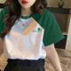 2025 hottest small short-sleeved T-shirt for women's summer contrasting ragdoll sleeves green niche unique special top loose