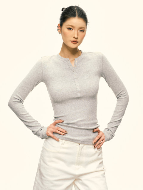 Aaisup American Henry Neck Long Sleeve T-shirt for Women 2025 Spring New Hot Girls Slim and Slim and Versatile Base Shirt