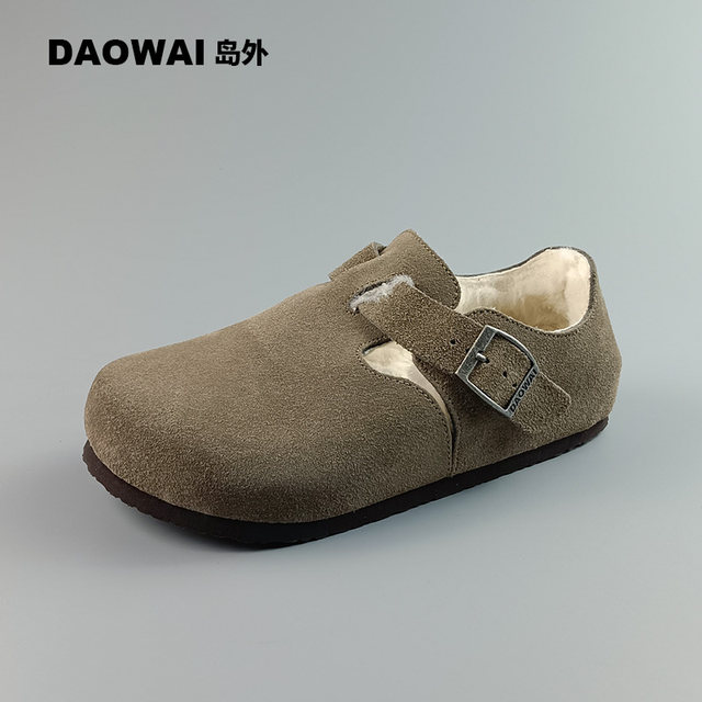 Outside the island, DAOWAI Birkenstock shoes, autumn and winter plus velvet wool toe-cap cork single shoes, genuine leather retro casual Birkenstock shoes