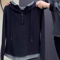 Pure Cotton Half-Zip Hooded Fake Two-Piece Sweatshirt for Women, Plus Size, for Chubby Women, Spring and Autumn, Slimming, Versatile, Long-Sleeved Base Shirt