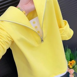 Yellow Short-Sleeved Pure Cotton Faux Two-Piece Long-Sleeve T-Shirt 2026 Spring and Autumn New Style Half-Zip Age-Reducing Large Lapel Top