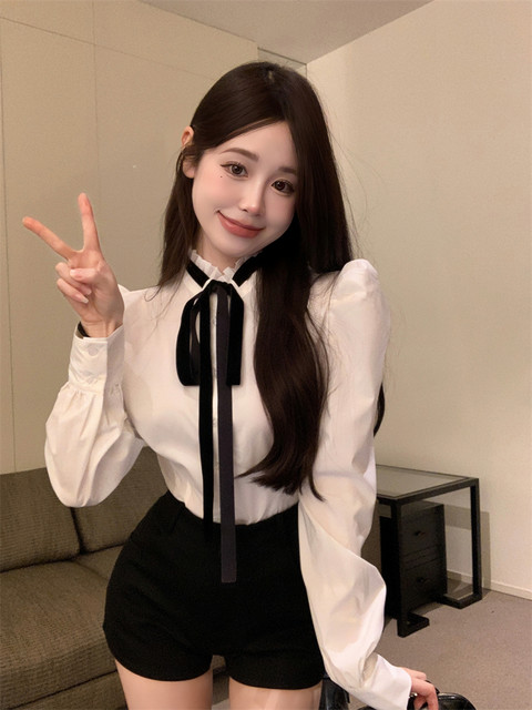 French stand-up collar white long-sleeved shirt for women in autumn and winter waist-hugging unique slim fit and slim shirt design niche top
