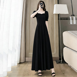 French Hepburn Style Black Chiffon Dress for Women, Summer Plus Size, Slimming and Elegant A-Line Dress with Waist-Cinching Long Skirt