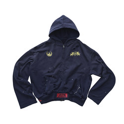 Luuucam Washed Distressed Splash-Ink Boxing Print Zip-Up Hoodie Short Wide-Fit Boxy Sweatshirt Street Style Men