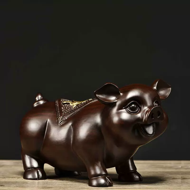 黑檀木雕招财福猪摆件一对实木雕刻生肖猪家居客厅装饰工艺品送礼-Taobao