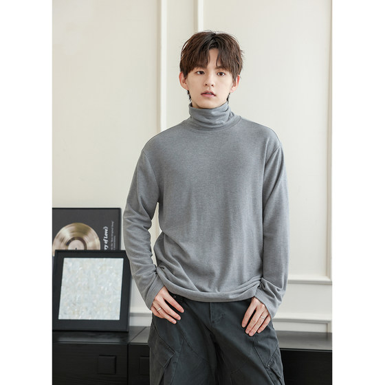 
WAJ American retro high collar warm gray velvet bottoming shirt for men in autumn and winter loose and high-end long-sleeved T-shirt