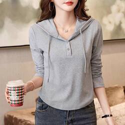 2025 New Pure Cotton Age-Reducing Spring & Fall Belly-Covering Hooded Shoulder Counter Thin Style Simple and Atmospheric Sweatshirt Slimming Look