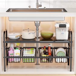 Retractable Kitchen Sink Storage Rack, Pot Rack in the Cabinet, Household Multi-Layer Cabinet, Layered Pot Storage Rack