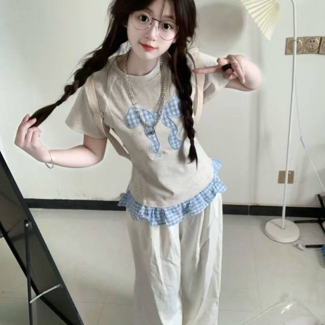 Pure cotton bow embroidered lace gray short-sleeved T-shirt for women's thin new summer short slim top