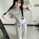 Pure cotton bow embroidered lace gray short-sleeved T-shirt for women's thin new summer short slim top