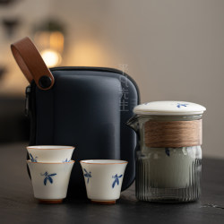 Purely Hand-Painted Butterfly Orchid Quick Cup Outdoor Ceramic One Pot Three Cups Glass Portable Travel Kung Fu Tea Set