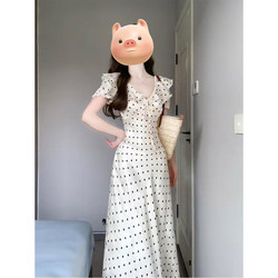 French-Style Gentle White Polka-Dot Dress for Women, New Summer Style, Tie-Waist, Slimming, Elegant, Seaside Vacation Long Dress