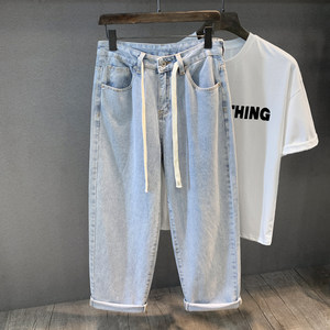 
Drawstring waist light blue jeans men's loose straight wide-leg pants spring and autumn versatile dad long pants