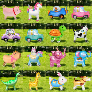 
Internet celebrity children's cartoon animal dinosaur with wheels standing walking balloon dog aluminum film toy birthday outdoor stall