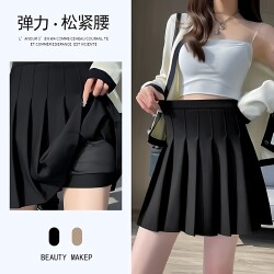 Elastic Waist Pleated Skirt for Women, Spring, Summer and Autumn New Style, A-Line Petite Hot Girl College Jk Black Short Skirt