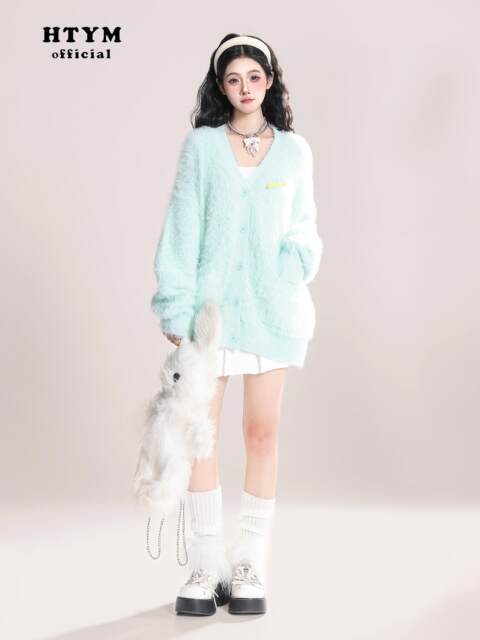 HTYM snow top mousse mohair cardigan knit sweater women autumn and winter mink velvet lazy style jacket top