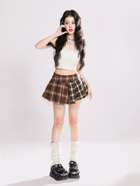 HTYM retro contrasting color design mesh plaided skirt for women with high waist slim A-line pleated skirt
